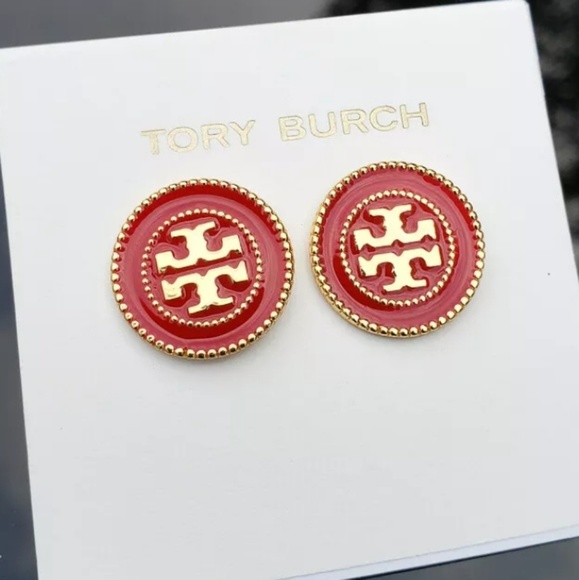 Tory Burch Jewelry - Tory Burch Red & Gold Button Logo Stud Earrings
